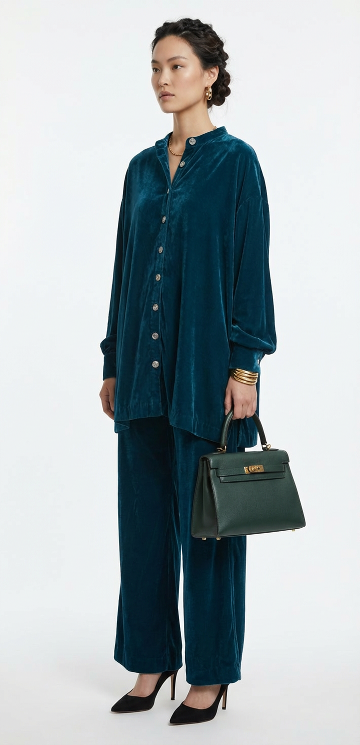 Noir Button Down – Velvet Coord Set